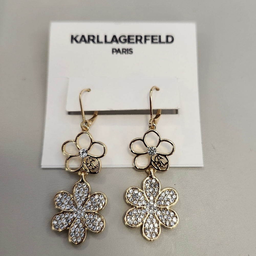 NWT Karl Lagerfeld Gold-Tone Crystal Pavé Flower Double Drop Earrings